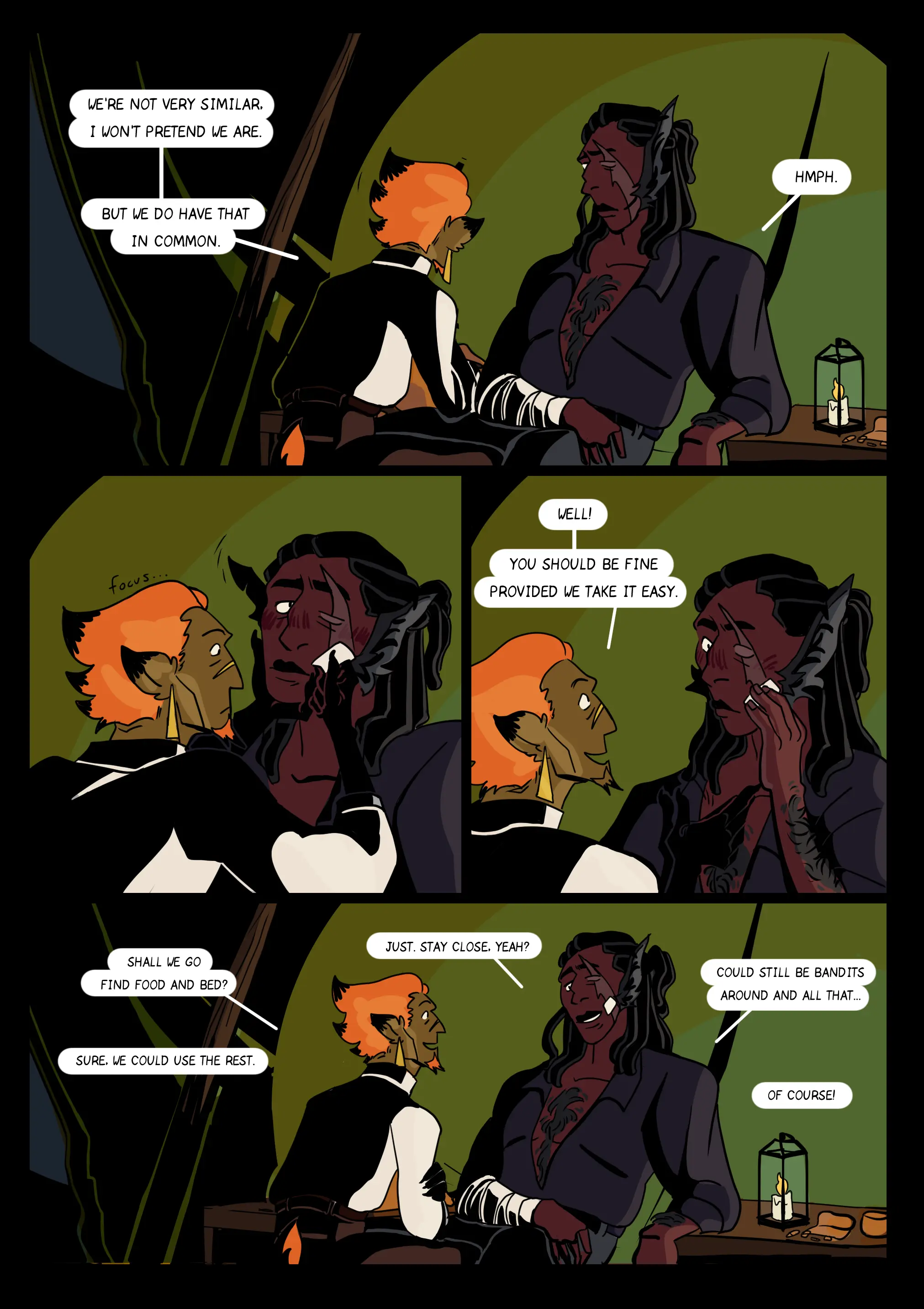 Page 2 of A Quiet Moment - A short comic depicting two men after a battle, arguing about their behavior.